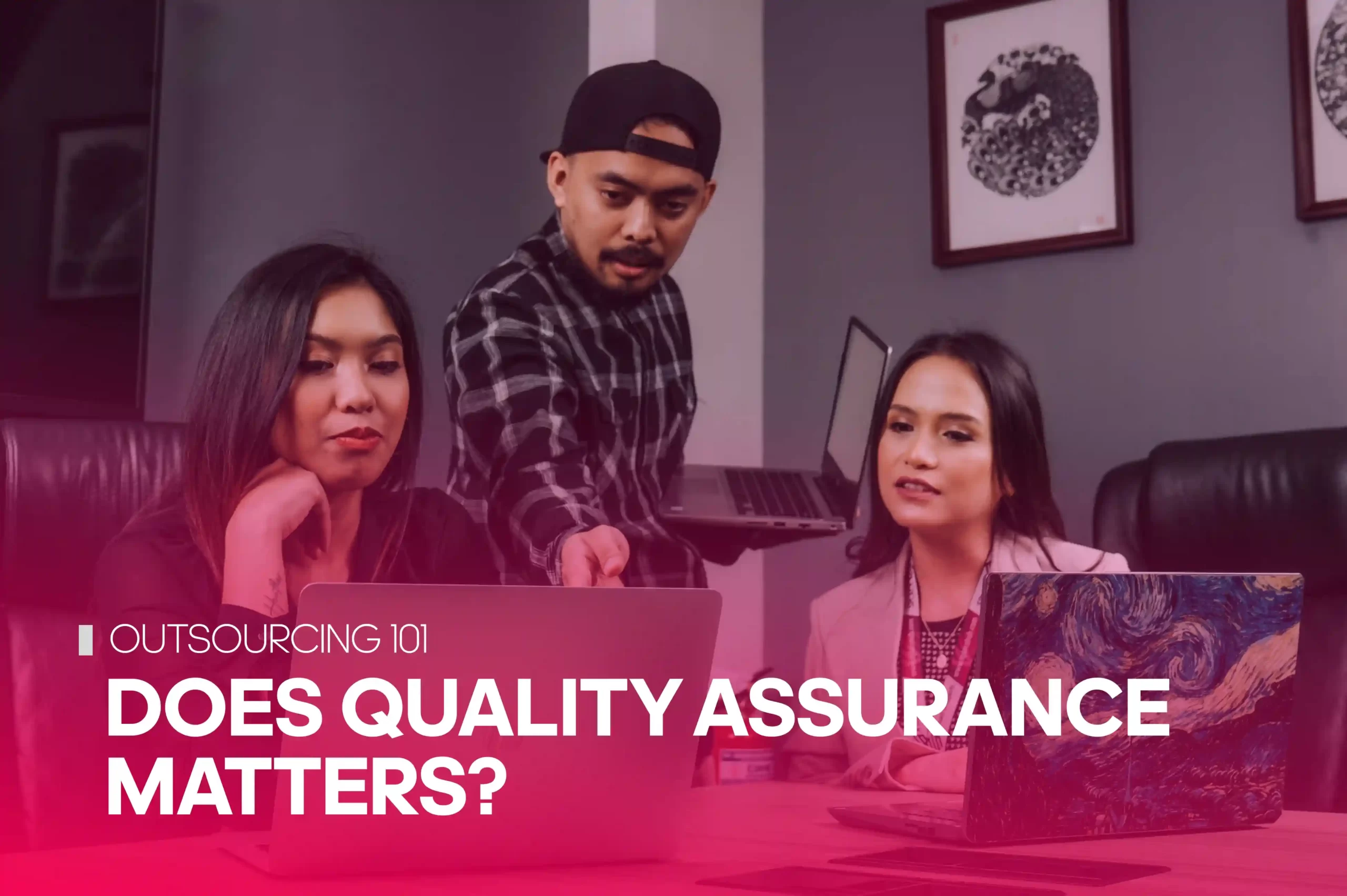 A cover page showing the floor manager educating two new employees on the do’s and don’ts - “Does Quality Assurance Matters?” as title for the blog